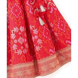 Babyhug Sleeveless Zari Embroidered Choli with Pattola Printed Lehenga and Dupatta Set - Red & Mustard