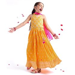 Babyhug Halterneck Sleeveless Zari Embroidered Choli with Foil Printed Lehenga and Dupatta Set - Mustard