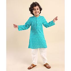 Babyhug 100% Cotton Woven Full Sleeves Printed Kurta Payjama Set- Blue