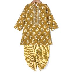 Babyhug 100% Cotton Woven Full Sleeves Floral Print Kurta & Dhoti Set - Yellow