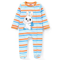 Babyhug Cotton Full Sleeves Striped Sleepsuit Bunny Print - Multicolour