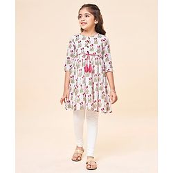 Babyhug Cotton Woven Three Fourth Sleeves Floral Printed Printed Kurti and Salwar Set- White
