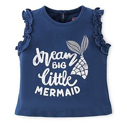 Babyhug Cotton Knit Frill Sleeves Text Graphics Top - Navy Blue