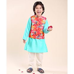 Babyhug Cotton Solid Kurta with Pyjama Set & Printed Jacket - Blue