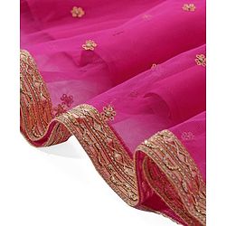 Babyhug 100% Cotton Knit Singlet Sleeves Brocade Choli with Sequin Lehenga & Dupatta Set - Fuschia