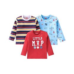 Babyhug 100% Cotton Full Sleeves T-Shirts With Stripes Text Graphics Design Pack of 3 - Multicolor