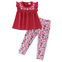 Babyhug 100% Cotton Single Jersey Knit Sleeveless Top & Leggings With Floral Print - Red & White