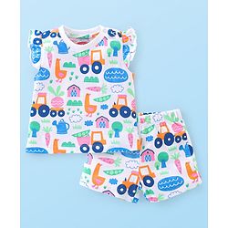 Babyhug Single Jersey Knit Half Sleeves Night Suit Car Print - White