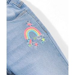 Babyhug Cotton Spandex Full Length Stretchable Denim Jeans with Rainbow Embroidery - Blue