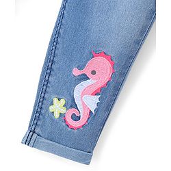 Babyhug Denim Washed Full Length Stretchable Jeans with Star & Seahorse Embroidery -Blue