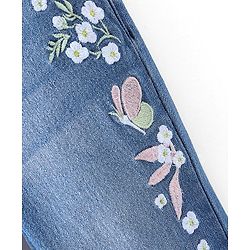 Babyhug Cotton Spandex Full Length Washed Stretchable Denim Joggers with Floral Embroidery - Blue
