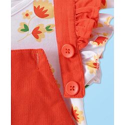 Babyhug Cotton Woven Corduroy Frock with Knit & Frill Sleeves Inner Tee Floral Print & Embroidery -Orange & White