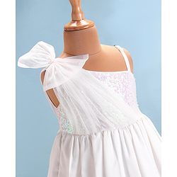 Babyhug Woven One Shoulder Sleeves Party Frock with Bow & Sequin Detailing - White