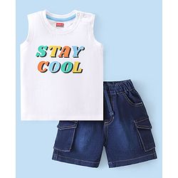 Babyhug Cotton Knit Sleeveless T-Shirt & Denim Shorts With Text Print - White & Blue