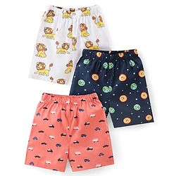 Babyhug Cotton Woven Regular Boxers Lion & Car Print Pack of 3 - White Navy & Pink