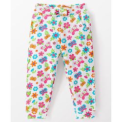 Babyhug Cotton Looper Knit Full Length Lounge Pant With Floral Print - White