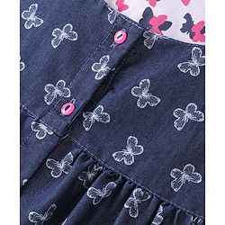 Babyhug Cotton Knit Frill Sleeves T-Shirt & Denim Frock Butterfly Print - Blue & Pink