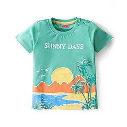 Babyhug 100% Cotton Knit Half Sleeves T-Shirt With Beach Theme Graphics -Green Blue & White