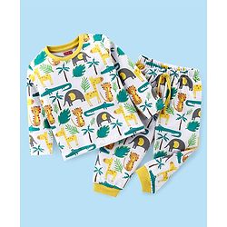 Babyhug Cotton Knit Full Sleeves Night Suit With Animals Print - Yellow & White