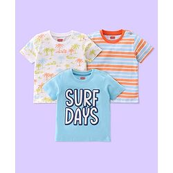 Babyhug Cotton Knit Half Sleeves T-Shirts Text Graphic Print & Striped Pack of 3 - Blue & White