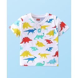 Babyhug Cotton Knit Half Sleeves T-Shirt Dino Print- White