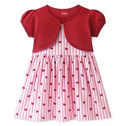 Babyhug 100% Cotton Knit Strap Shoulder Striped Frock with Shrug - Pink & Red