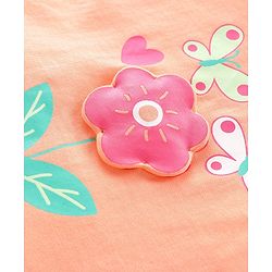 Babyhug Cotton Knit Flutter Sleeve Night Suit with Floral Applique Print - Orange