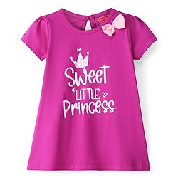 Babyhug 100% Cotton Jersey Knit Half Sleeves Frock Text Print - Magenta