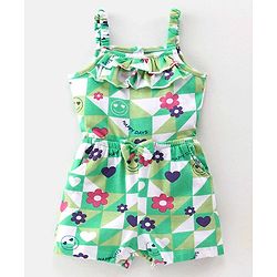 Babyhug 100% Cotton Jersey Shoulder Strap Jumpsuit Checkered - Green & White
