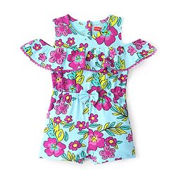 Babyhug 100% Cotton Jersey Cold Shoulder Sleeve Jumpsuit Floral Print - Blue