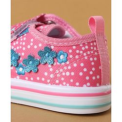 Cute Walk by Babyhug Polka Dots Printed Casual Shoes with Velcro Closure & Floral Applique - Pink