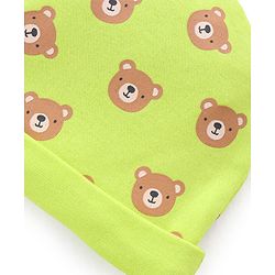 Babyhug 100% Cotton Knit Cap Mittens & Booties Set Teddy Print- Green