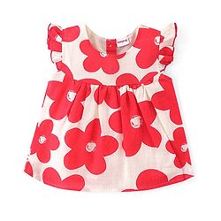 Babyhug 100% Cotton Frill Sleeves Woven Top With Floral Print - Red & White