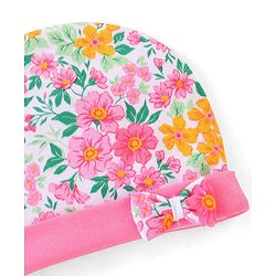Babyhug 100% Cotton Knti Cap Mittens & Booties Set Floral Print with Bow Applique -Pink