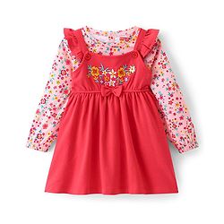 Babyhug Cotton Jersey Knit Floral Embroidery Frock with Full Sleeves Printed Inner Tee - Red