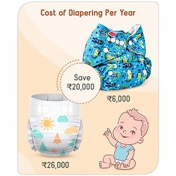 Babyhug Free Size Reusable Cloth Diaper with 2 Smart Dry Inserts Combo Robot Print- Teal Blue