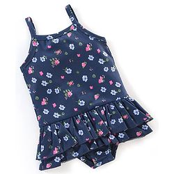 Babyhug V Cut Sleeveless Frock Style Swimsuit Floral Print - Navy Blue