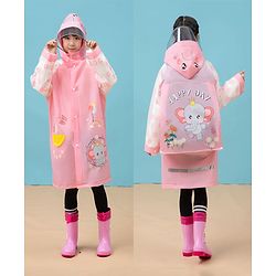 Babyhug Full Sleeves Knee Length Hooded Raincoat Elephant Print - Peach