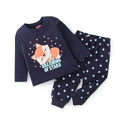 Babyhug Cotton Knit Full Sleeves Night Suit with Glow in The Dark & Fox Print - Navy Blue