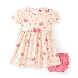 Babyhug 100% Cotton Jersey Knit Half Sleeves Frock With Bloomer Floral Print - Pink