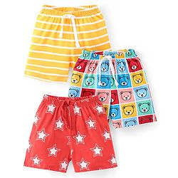 Babyhug Cotton Knit Single Jersey Shorts With Stars & Teddy Bear Print Pack Of 3 - Yellow Blue & Red
