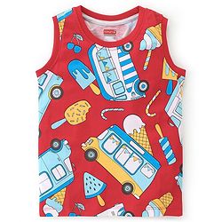 Babyhug 100% Cotton Knit Sleeveless T-Shirt With Ice Cream Print- Red