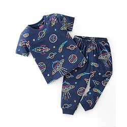 Babyhug Cotton Knit Half Sleeves Solor Print Night Suit - Blue