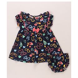 Babyhug Cotton Jersey Half Puffed Sleeves Butterfly Printed Frock With Bloomer - Navy