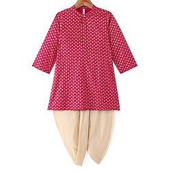 Babyhug 100% Cotton Woven Full Sleeves Floral Foil Printed Kurta & Dhoti Set - Fuschia