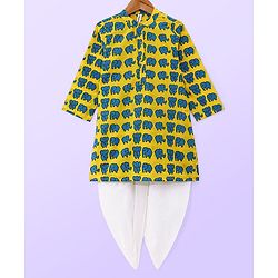 Babyhug 100% Cotton Woven Full Sleeves Kurta & Dhoti Set Elephant Print - Yellow