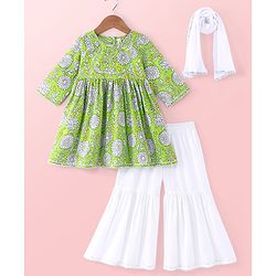 Babyhug Cotton Woven Three Fourth Sleeves Floral Print Kurti & Palazo Dupatta Set with Lace Detailing - Green