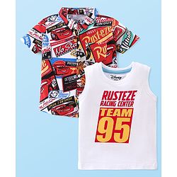 Babyhug Disney Cars 100% Cotton Knit Half Sleeves Regular Collar printed Shirt with Sleeveless T-Shirt- White & Red