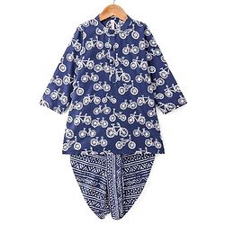 Babyhug 100% Cotton Woven Full Sleeves Kurta & Dhoti Set With Cycle Print - Indigo