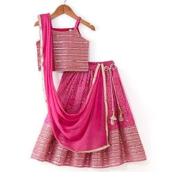 Babyhug Woven Sleeveless Embroidered & Sequence Detailing Choli & Dupatta with Georgette Printed Lehenga - Pink